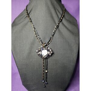 Butterfly Cameo Pendant Necklace W/ Blue Goldstone Peacock Pearls & AB Crystals